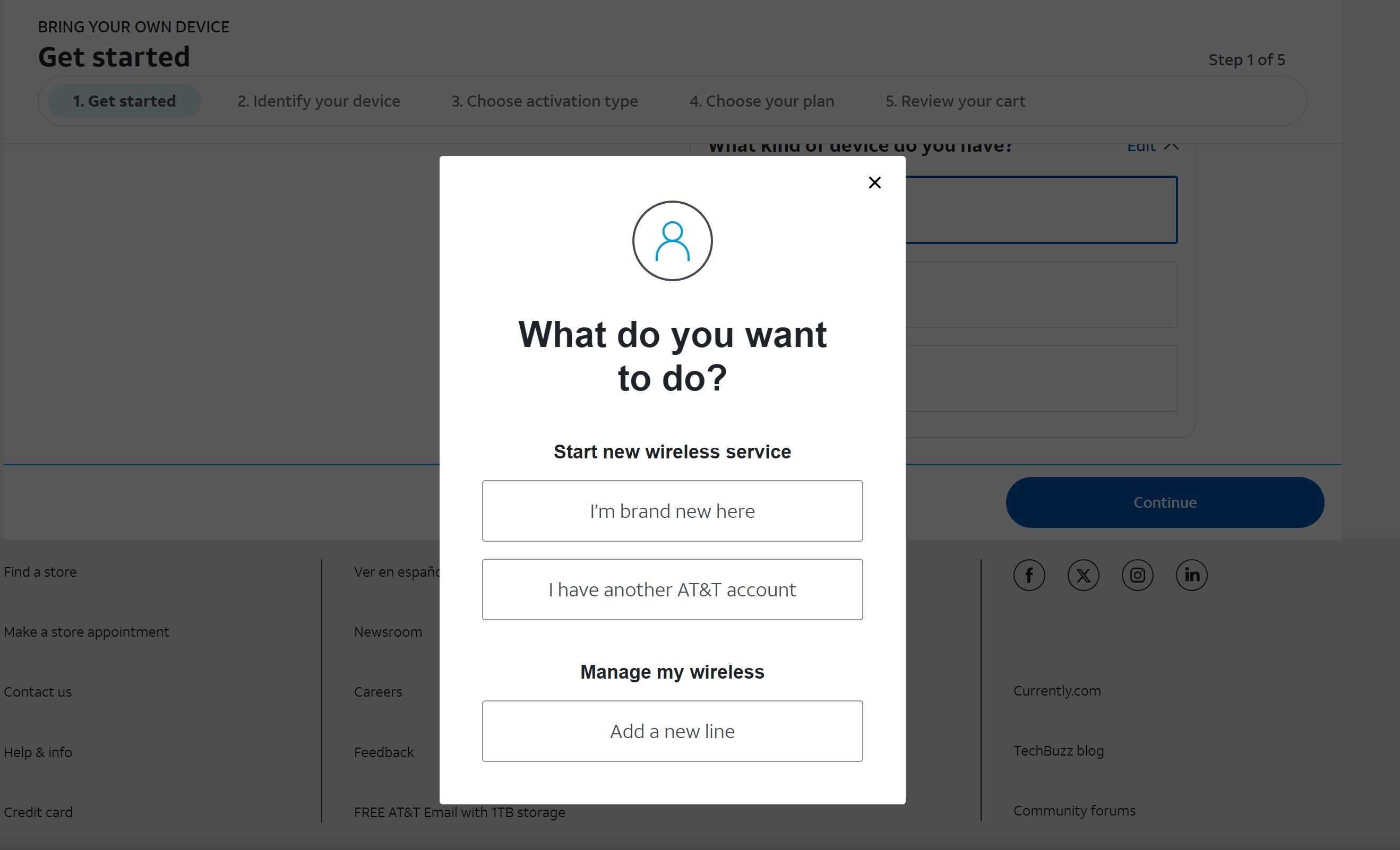 Captura de tela do site da AT&T perguntando se o usuário é um cliente novo ou existente