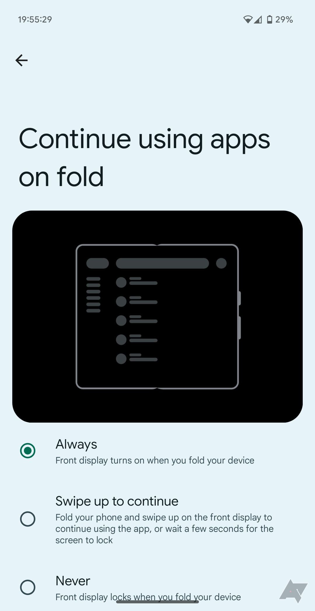 Captura de tela de um novo "Continue usando aplicativos dobrados" configuração para o Pixel Fold