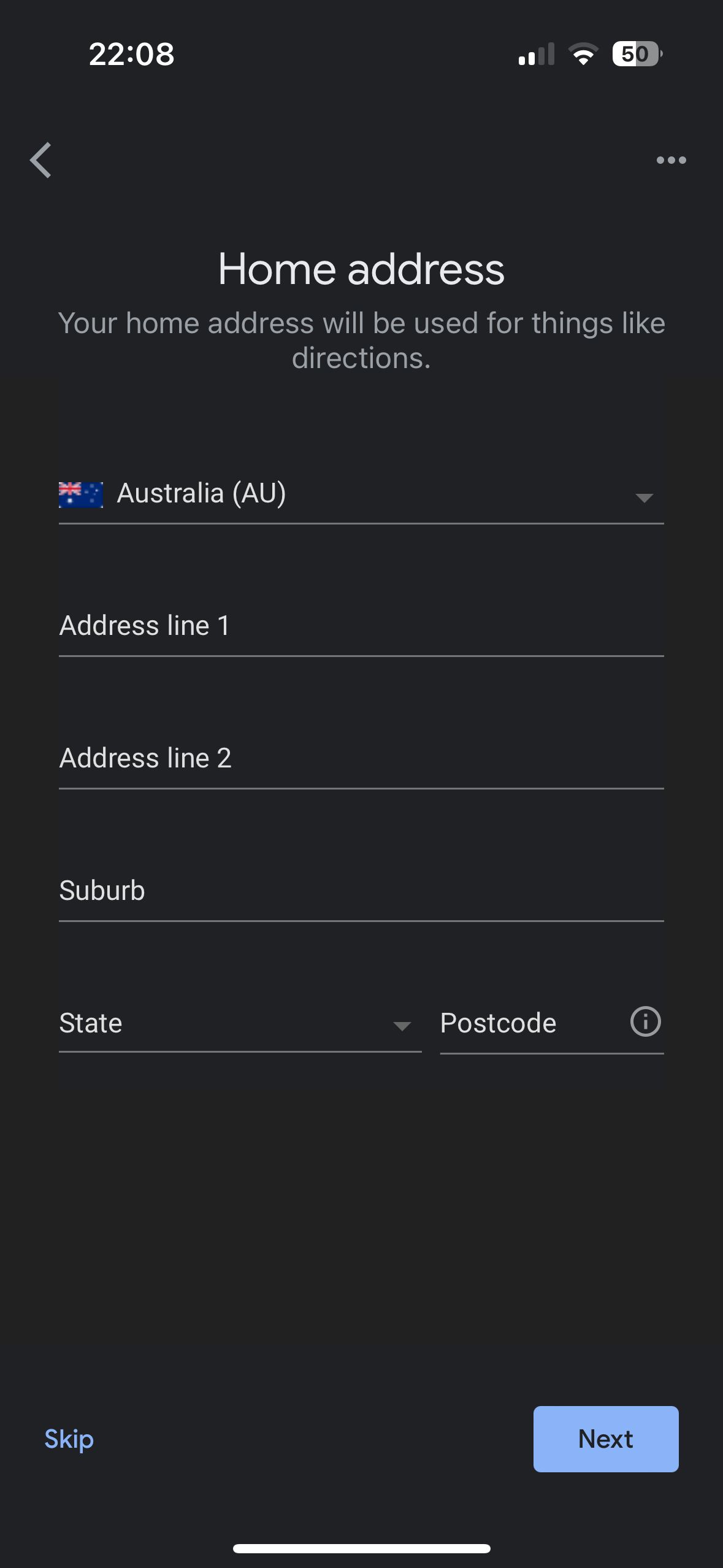 Captura de tela da tela de entrada do endereço residencial no app Google Home, com campos para inserir endereço, subúrbio, estado e código postal da Austrália
