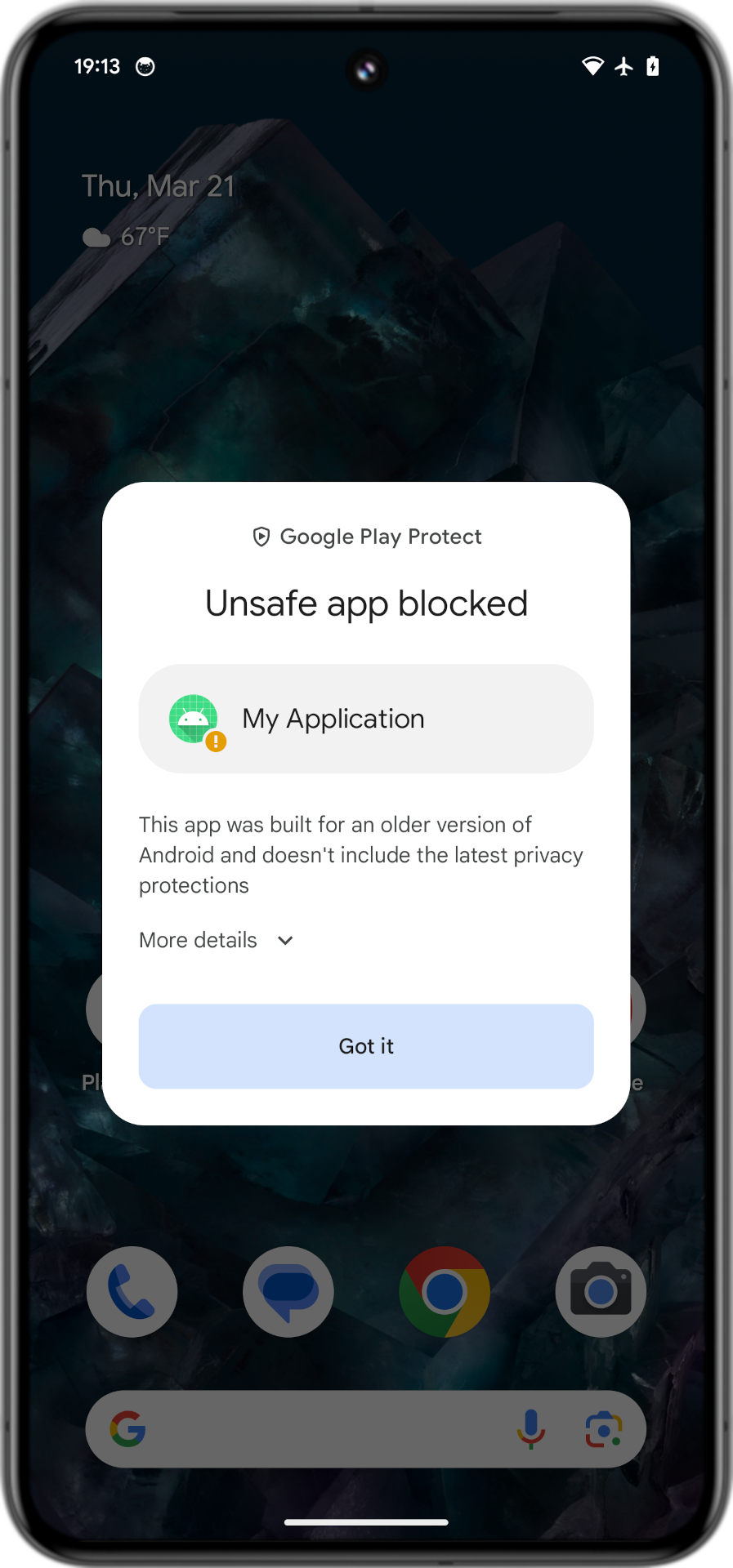 Captura de tela mostrando o Google Play Protect "Aplicativo inseguro bloqueado" caixa de diálogo ao tentar fazer o sideload de um aplicativo com um destino de SDK inferior ao mínimo