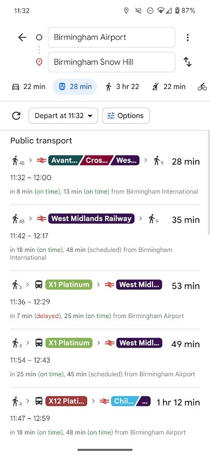 opções de transporte público do Google Maps