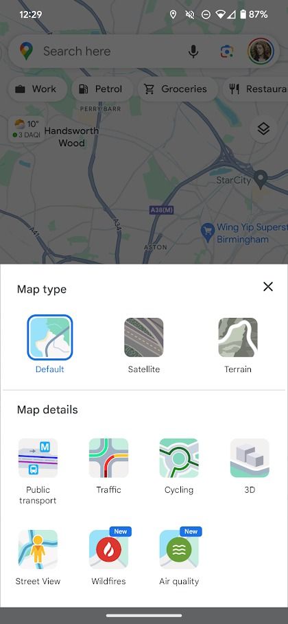 opções de tipo de mapa do Google Maps