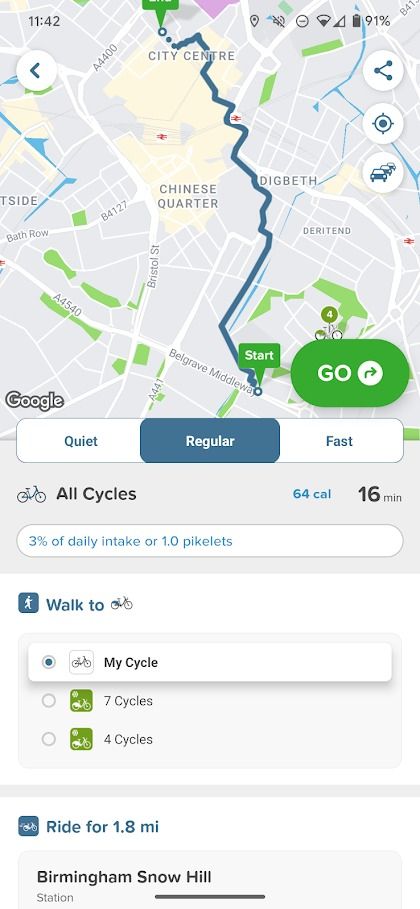 opções de ciclismo citymapper no aplicativo