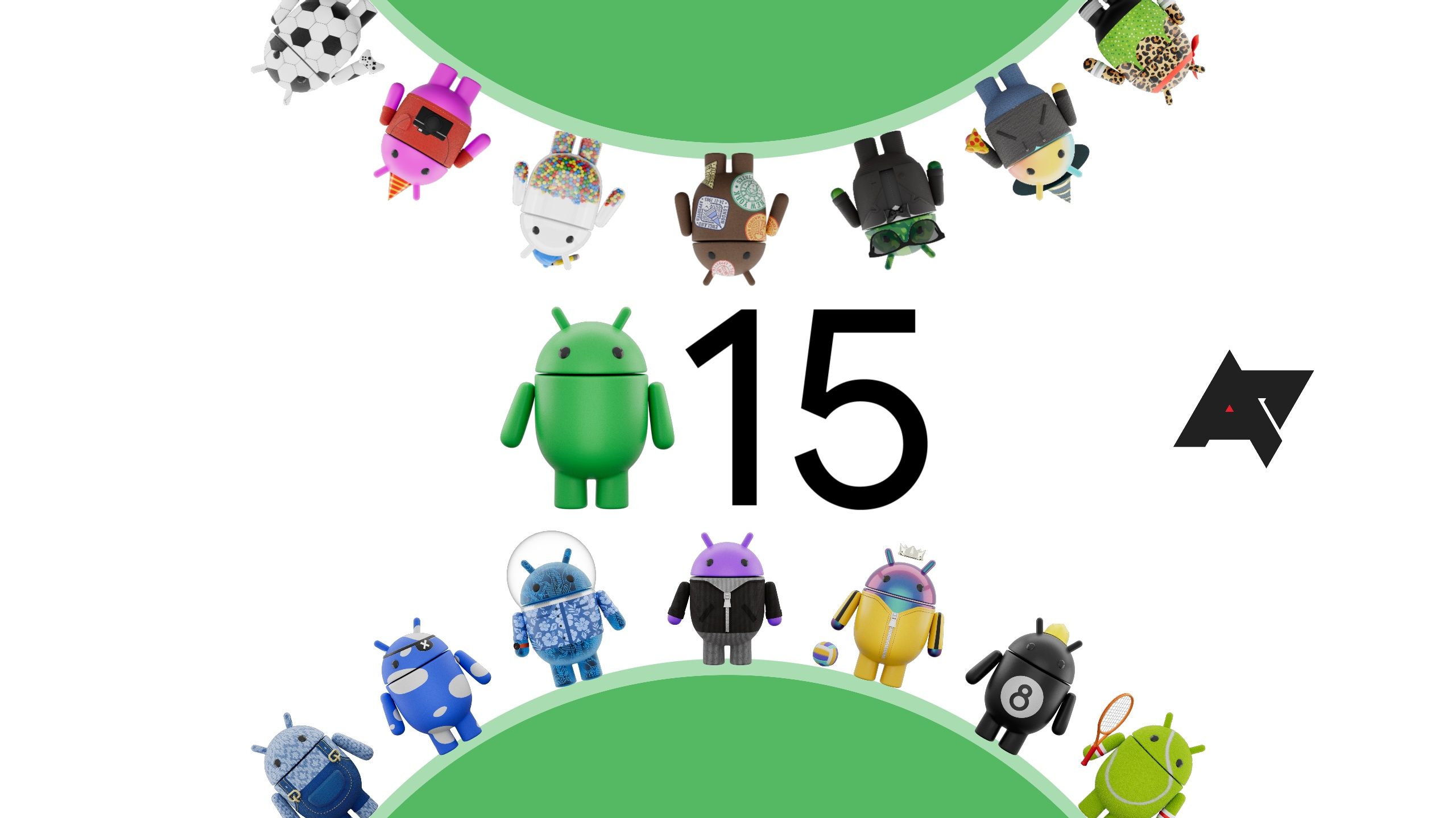 Imagem em destaque do Android 15 com vários logotipos do Android