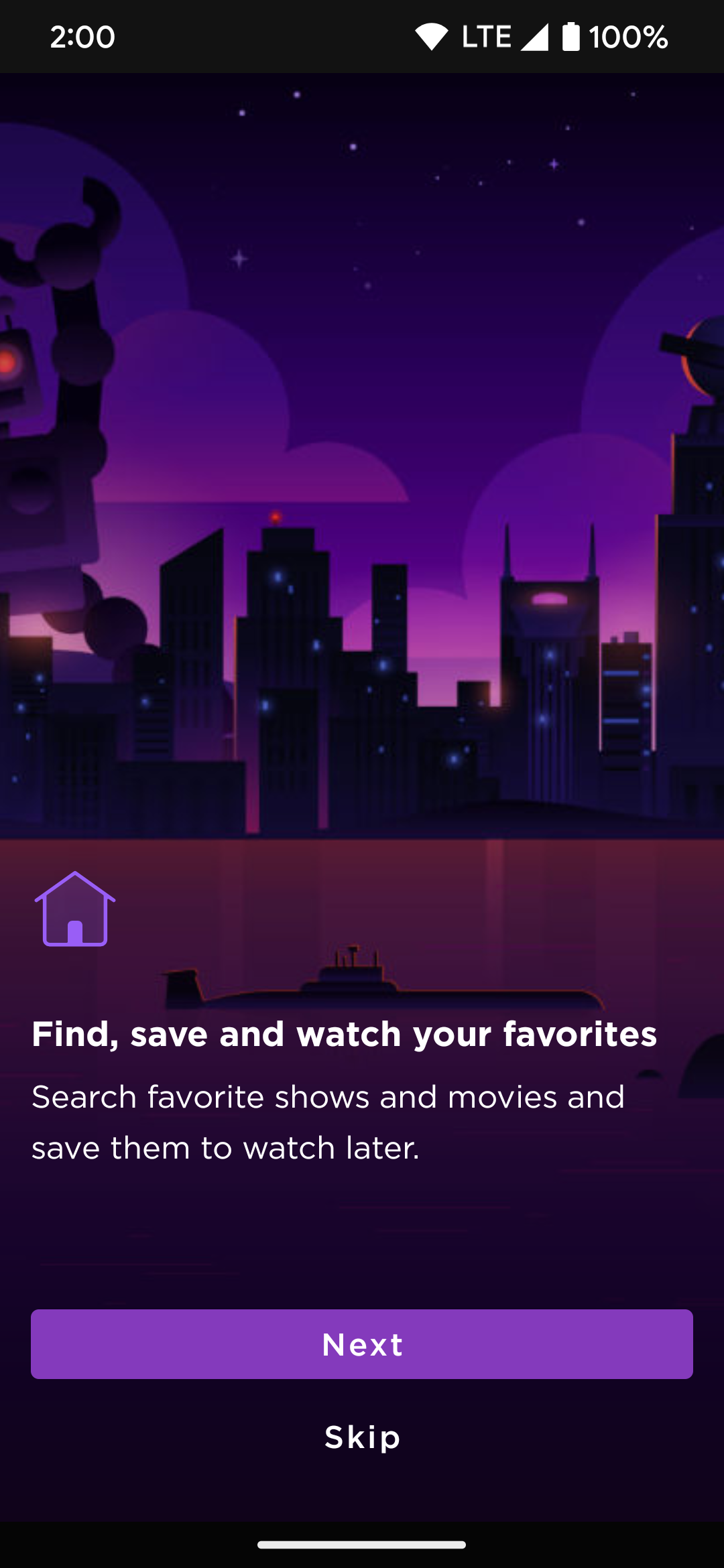 A página de configuração do aplicativo Roku mostrando que você pode encontrar, salvar e assistir seu programa favorito usando o aplicativo.
