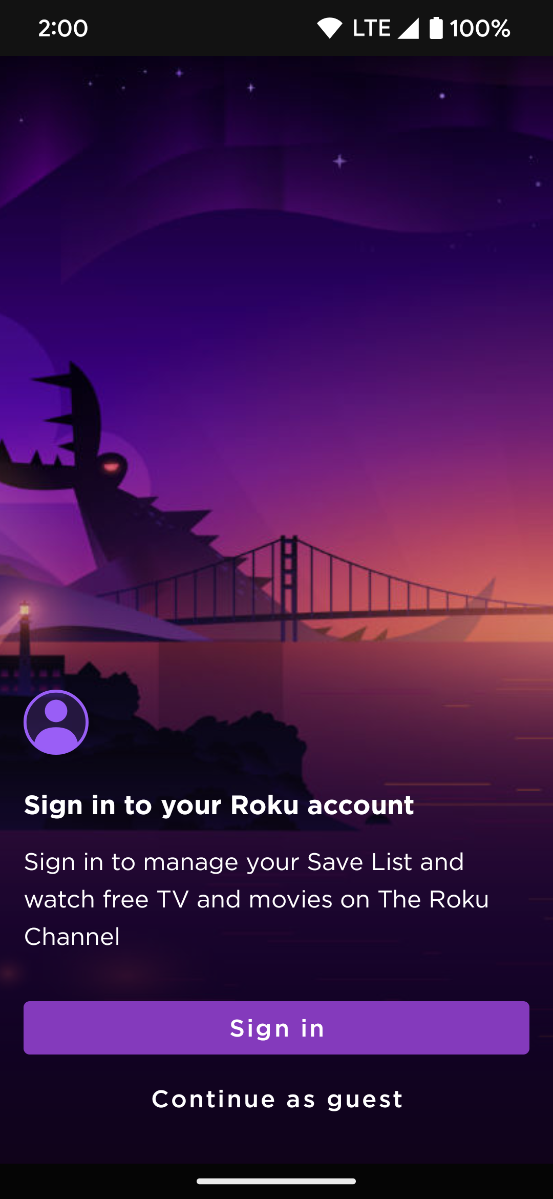 A página de configuração do aplicativo Roku mostrando a opção de login da conta Roku.