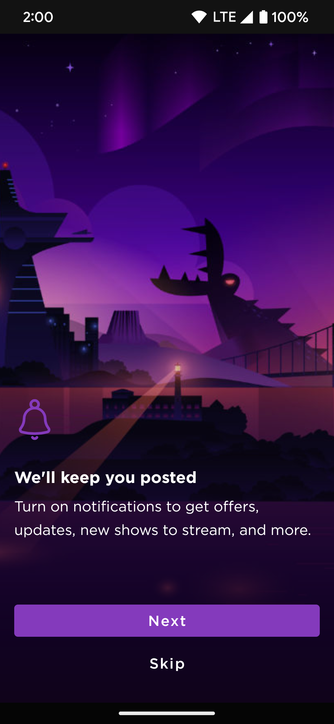 A página de configuração do aplicativo Roku mostrando a solicitação de acesso à notificação.
