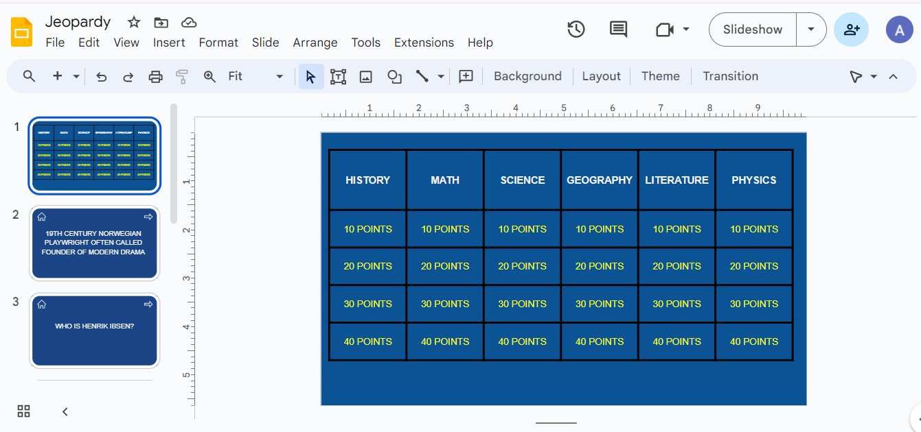 Captura de tela mostrando o tabuleiro do jogo Jeopardy no Apresentações Google