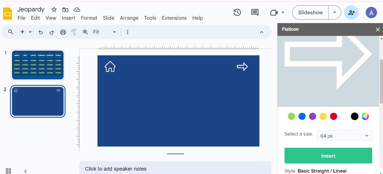Captura de tela mostrando os ícones de página inicial e de seta para a direita no Apresentações Google