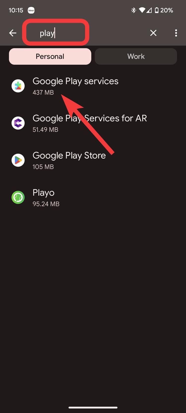 Pesquisando o aplicativo Google Play Services na seção Todos os aplicativos