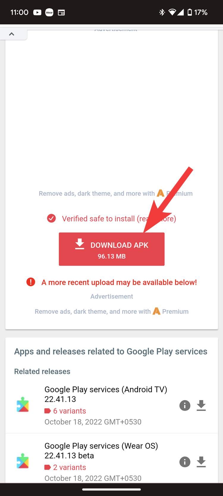 Tocar no botão Baixar APK para baixar a versão mais recente do Google Play Service no APKMirror
