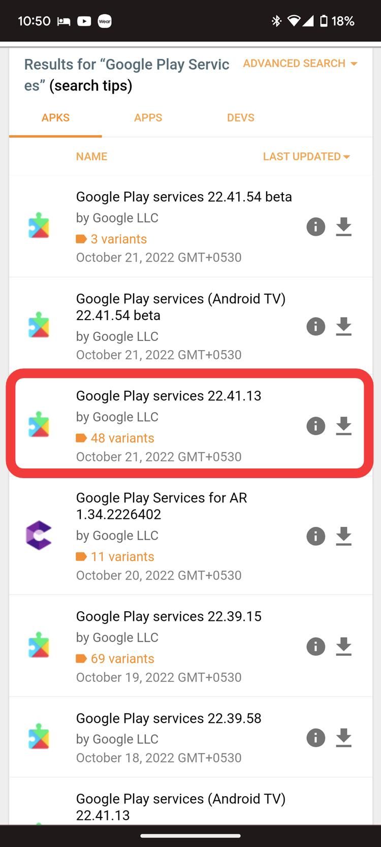 Selecionando a versão mais recente da Google Play Store no APKMirror