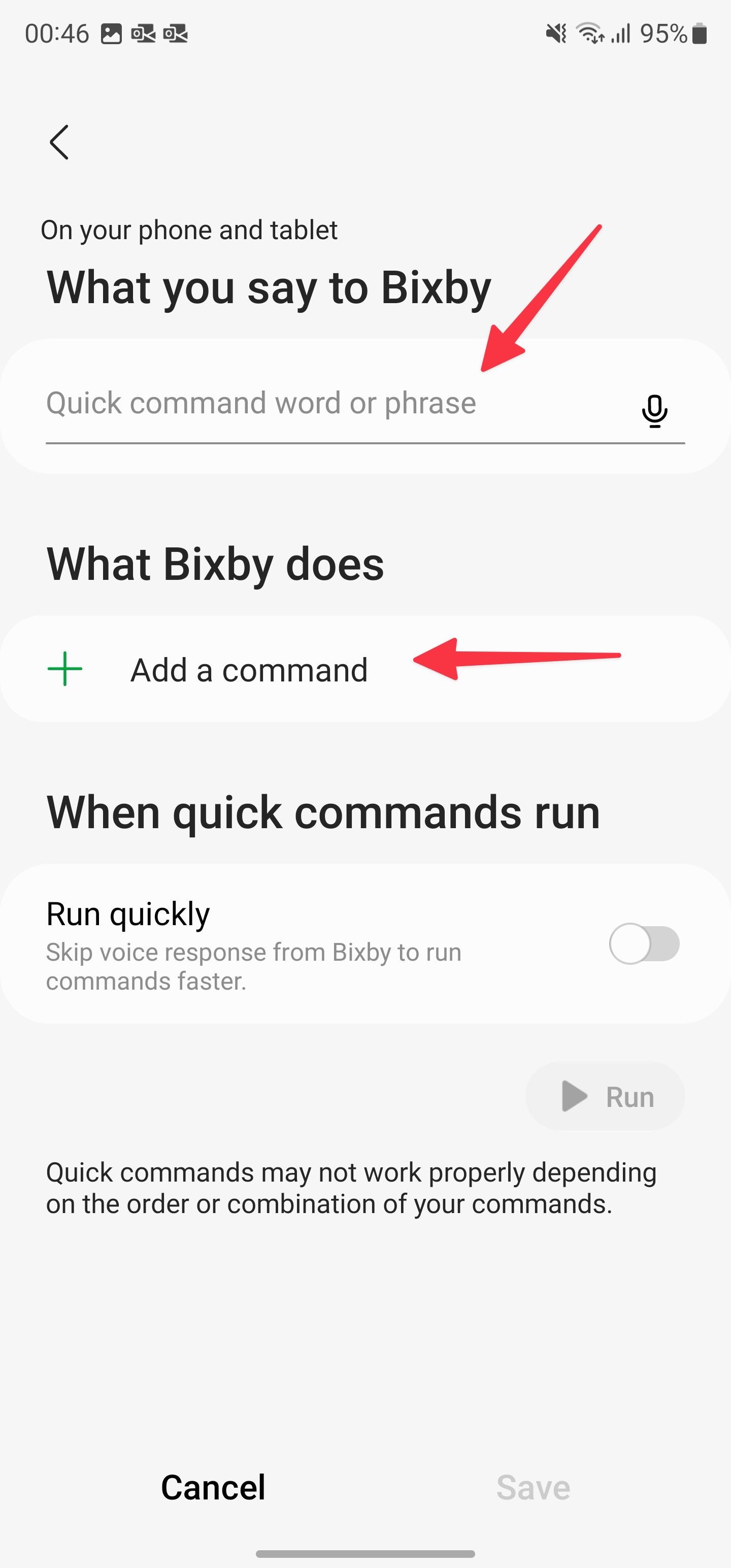 digite o comando e a frase Bixby