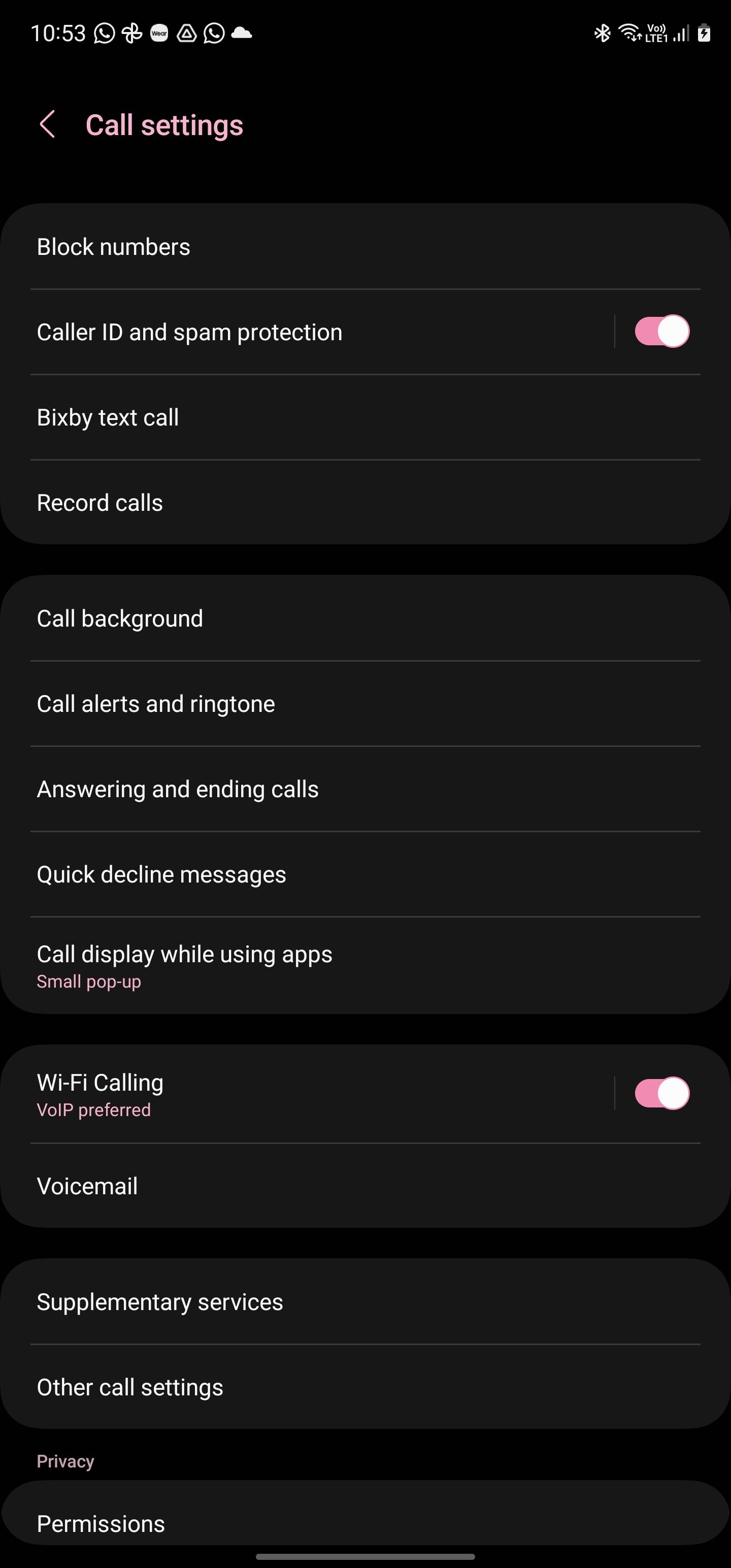 Configurações do aplicativo Samsung Phone