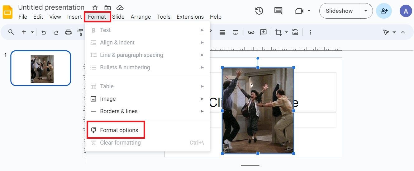 Captura de tela destacando 'Opções de formato' em Formato no Apresentações Google