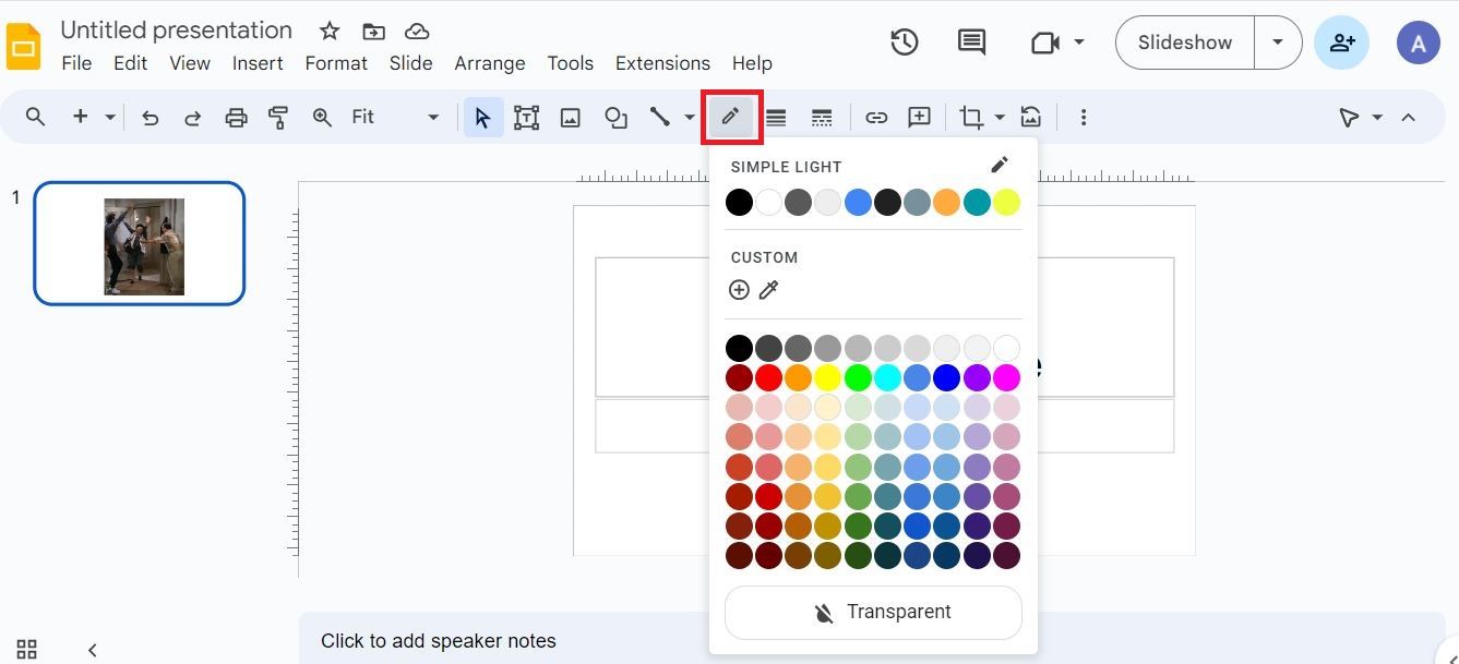 Captura de tela destacando o ícone de lápis no Apresentações Google
