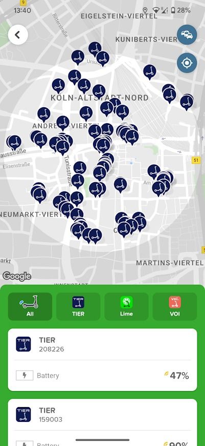 localizações de scooters do aplicativo citymapper