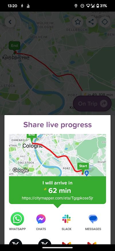 visualização do progresso ao vivo do aplicativo citymapper