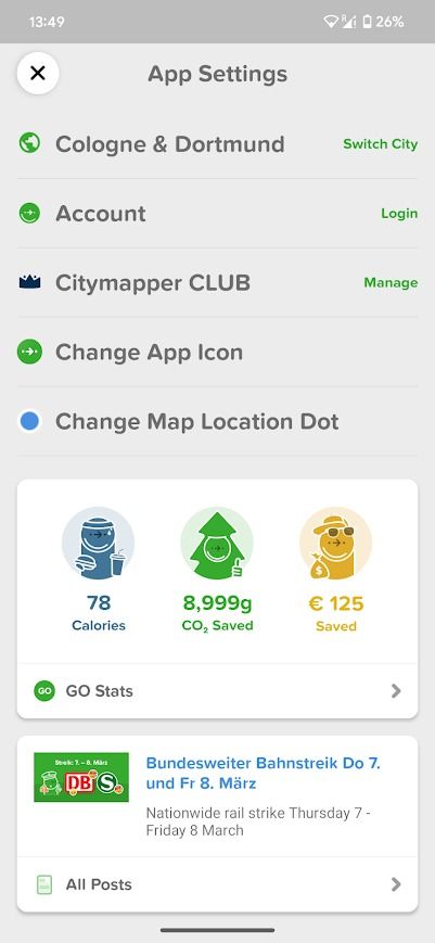 página de configurações do aplicativo citymapper