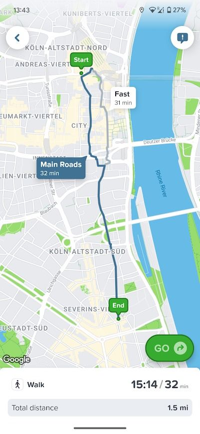 visualização da rota de caminhada do aplicativo citymapper