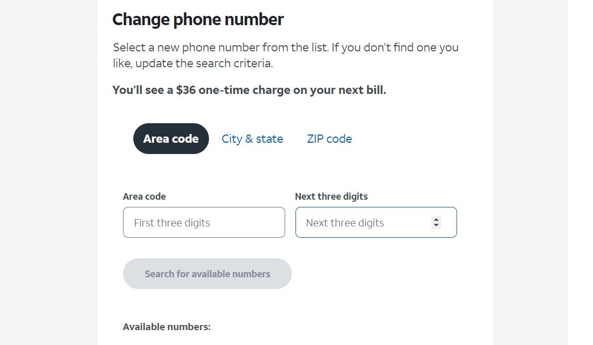 Captura de tela do diálogo de números disponíveis no site da AT&T