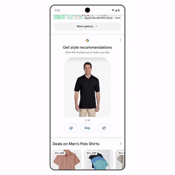 Gravação de tela de um novo recurso do Google Shopping que permite avaliar recomendações deslizando para a esquerda e para a direita