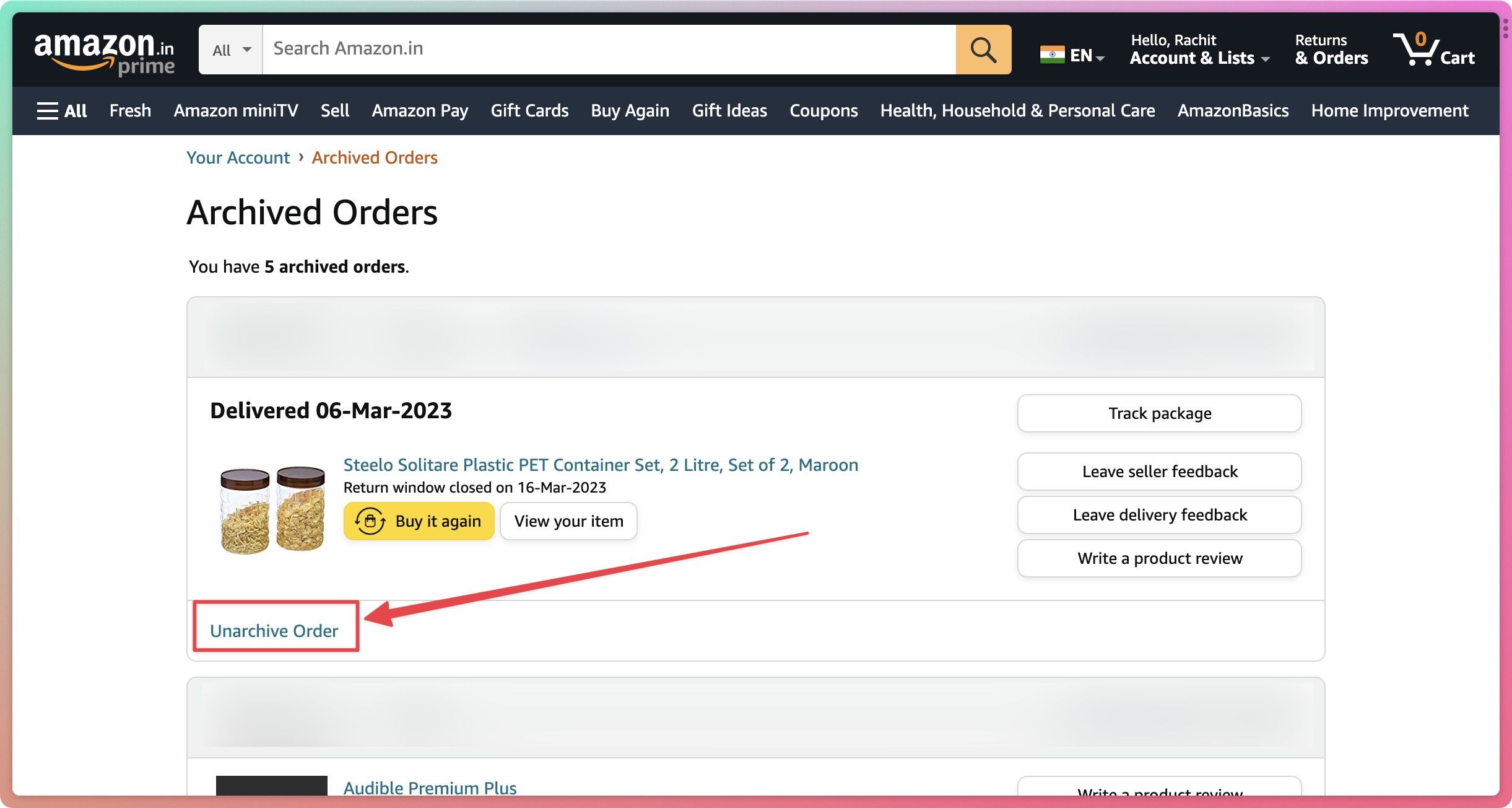 Captura de tela destacando pedido de desarquivamento no site da Amazon