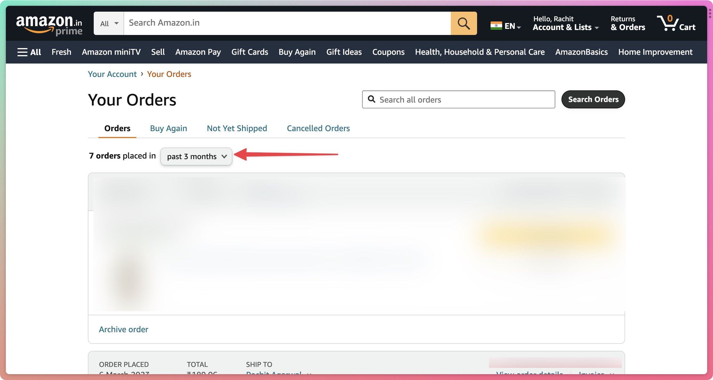 Captura de tela mostrando o pedido feito nos últimos 3 meses no site da Amazon