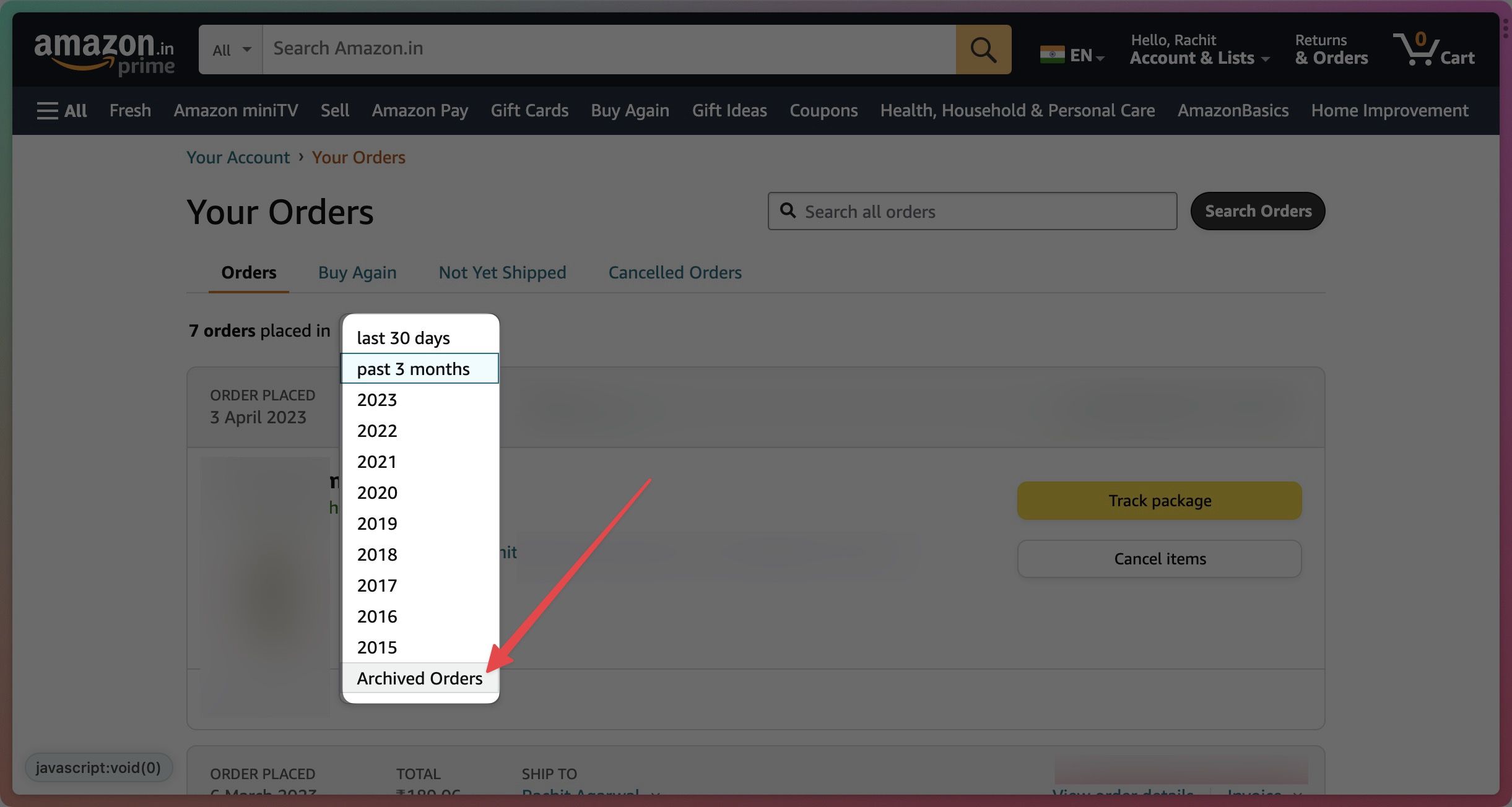 Captura de tela destacando pedidos arquivados no menu suspenso no site da Amazon