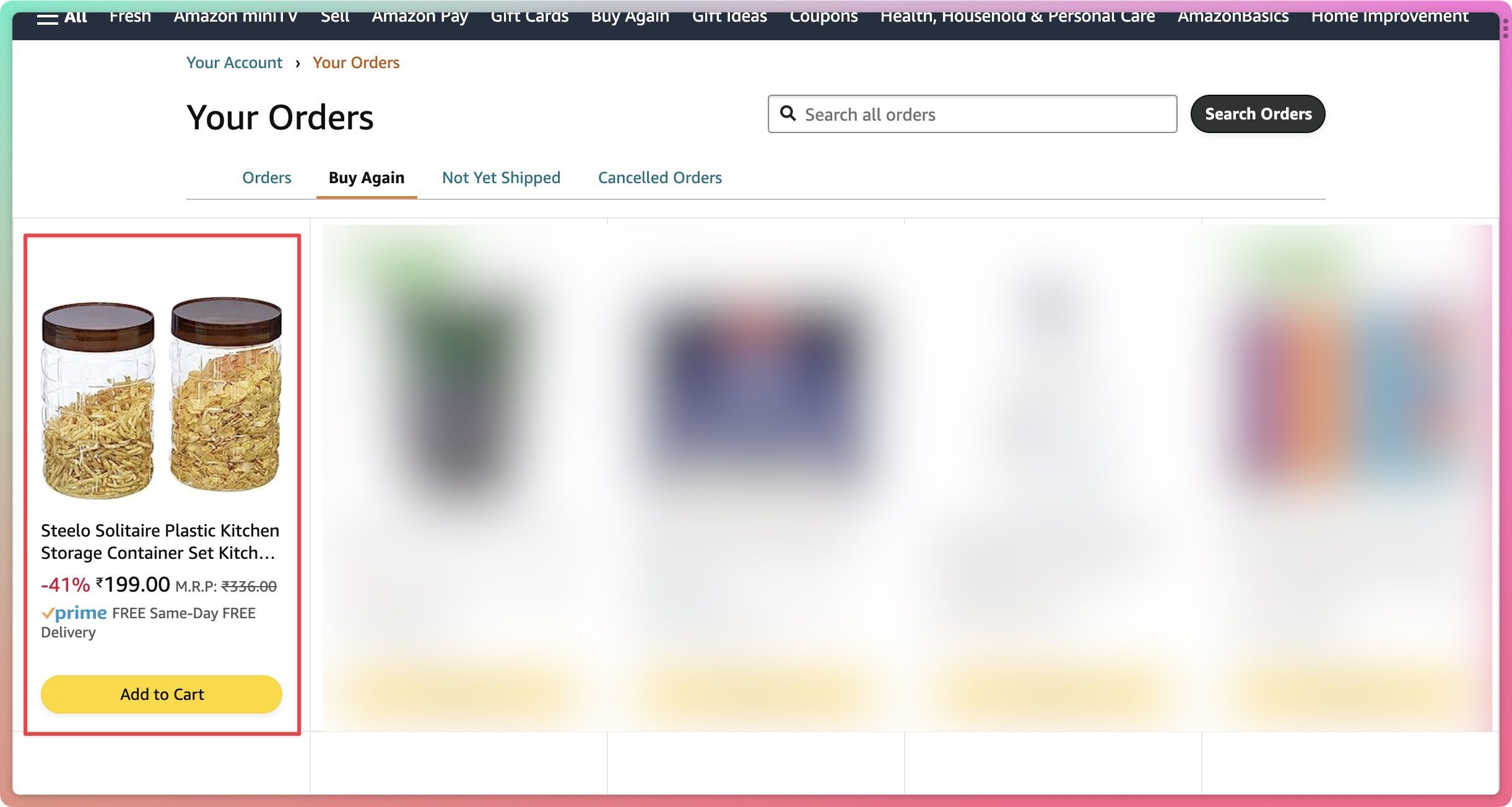 Captura de tela destacando a opção de comprar um item novamente no site da Amazon