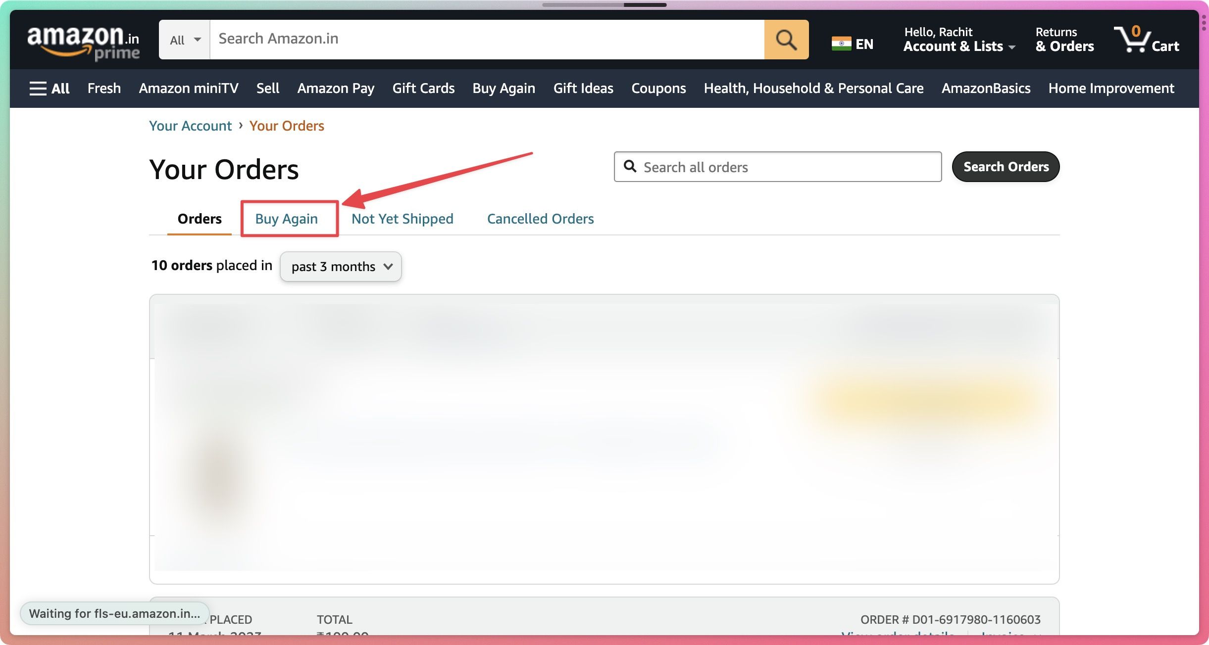 Captura de tela destacando a opção Comprar novamente na página Histórico de pedidos da Amazon