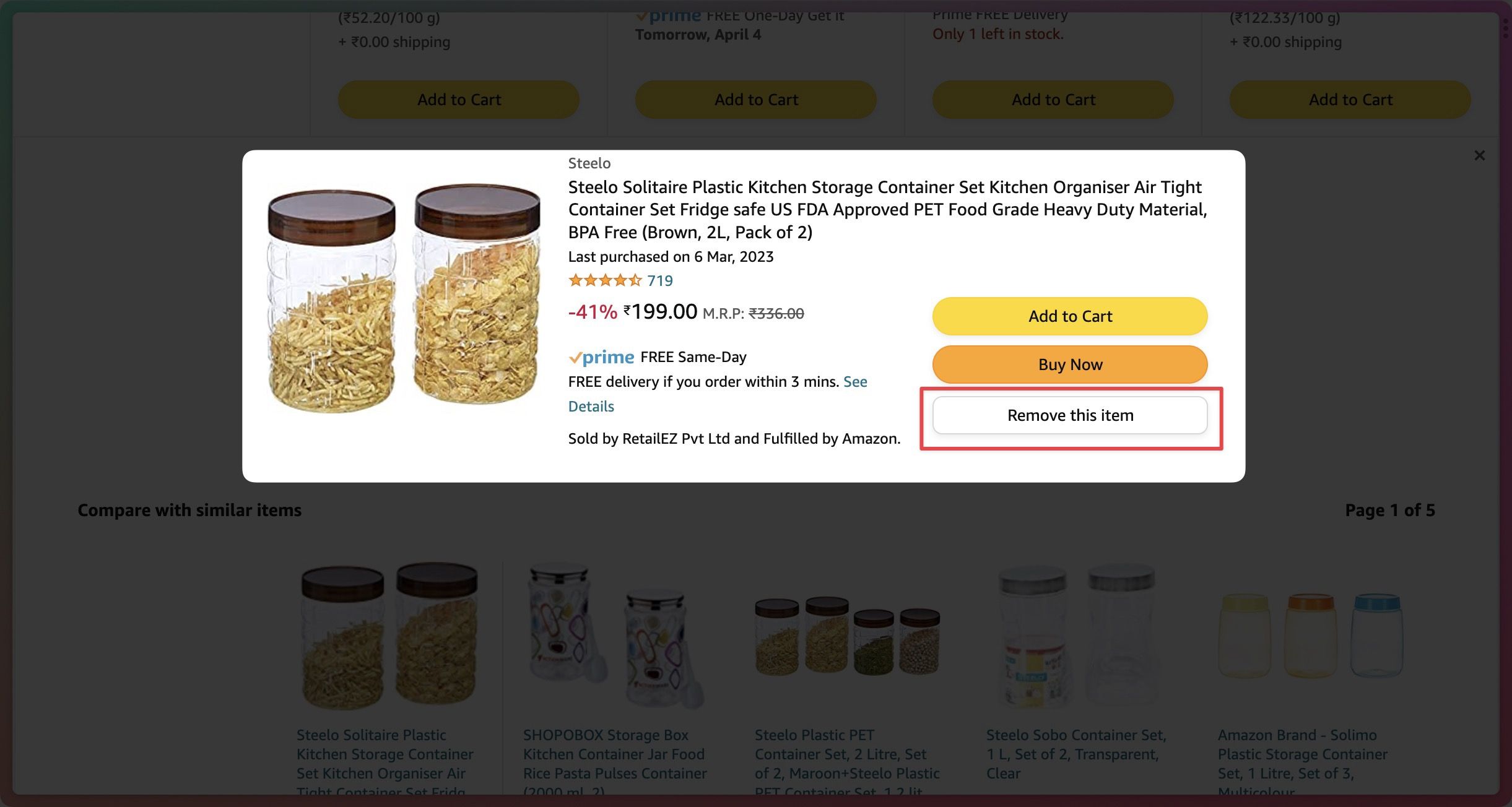 Captura de tela destacando ‘remover este item’ no site da Amazon
