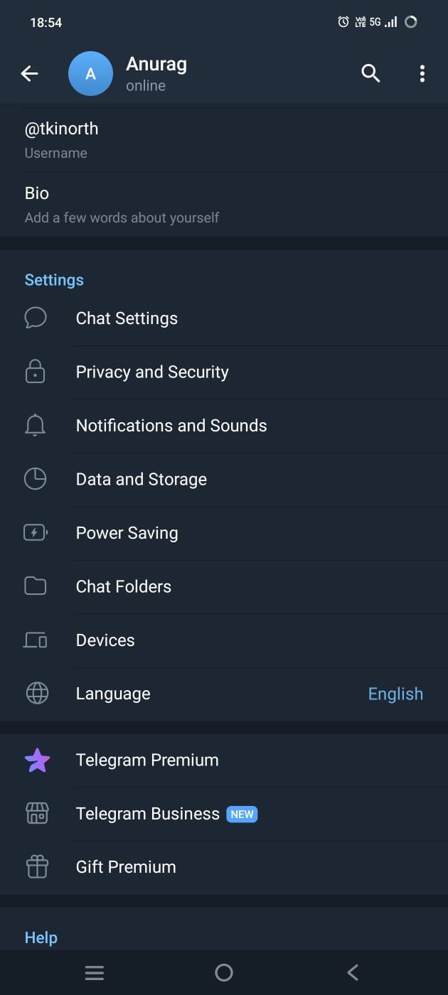 Captura de tela mostrando as configurações do aplicativo Telegram para Android