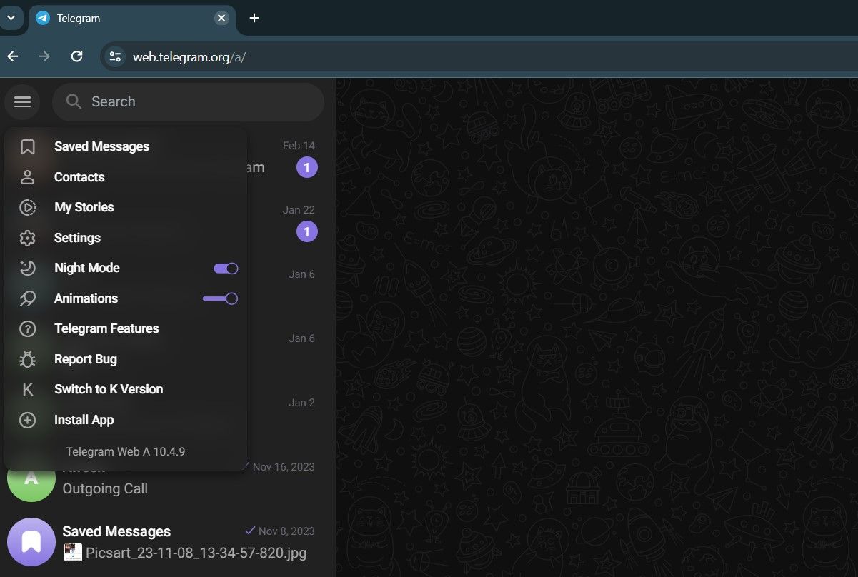 Captura de tela mostrando a página inicial do Telegram