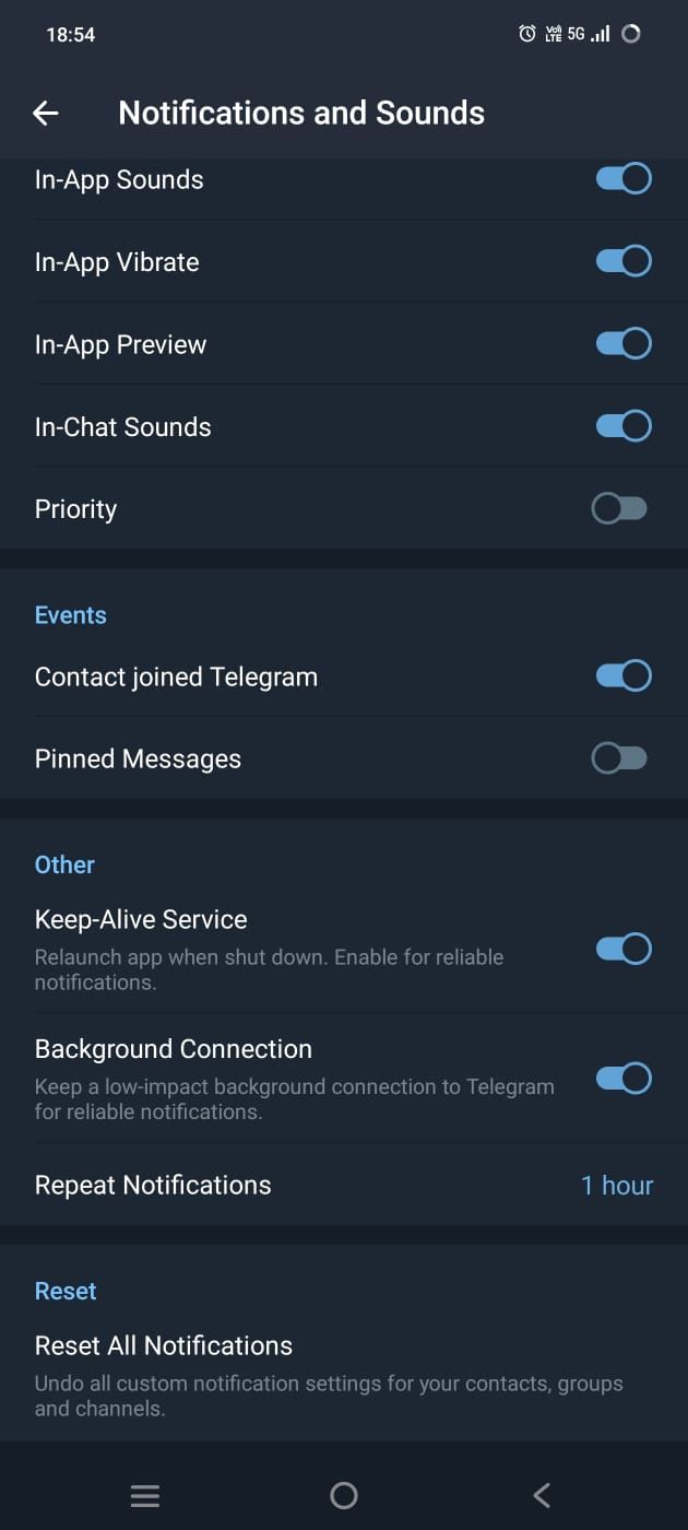 Captura de tela mostrando as configurações de notificações do Telegram