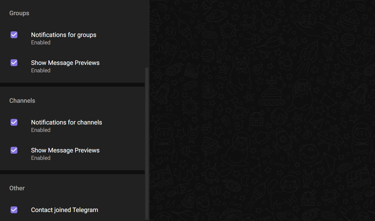 Captura de tela mostrando as configurações de notificação na web do Telegram