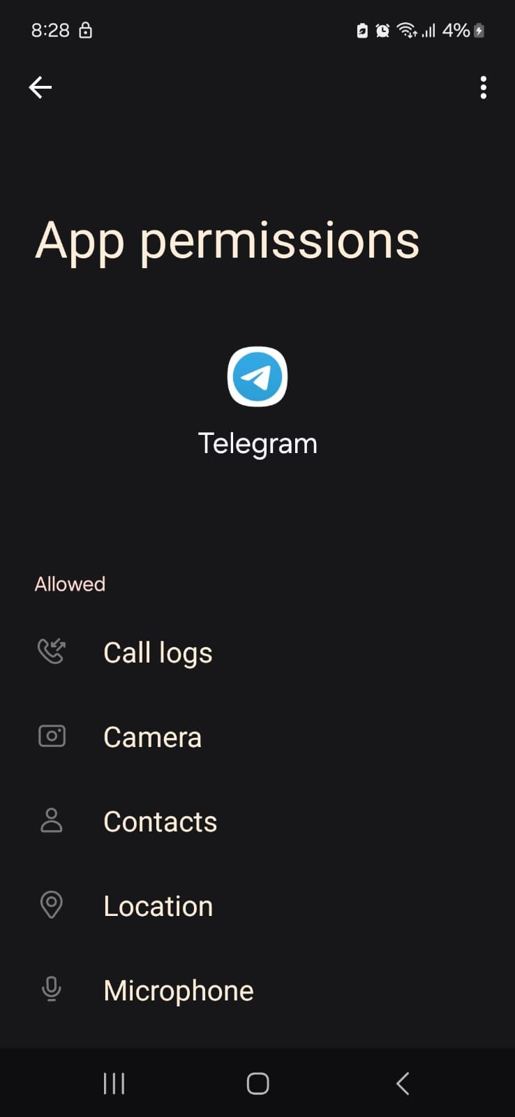 Captura de tela mostrando as permissões do aplicativo Telegram