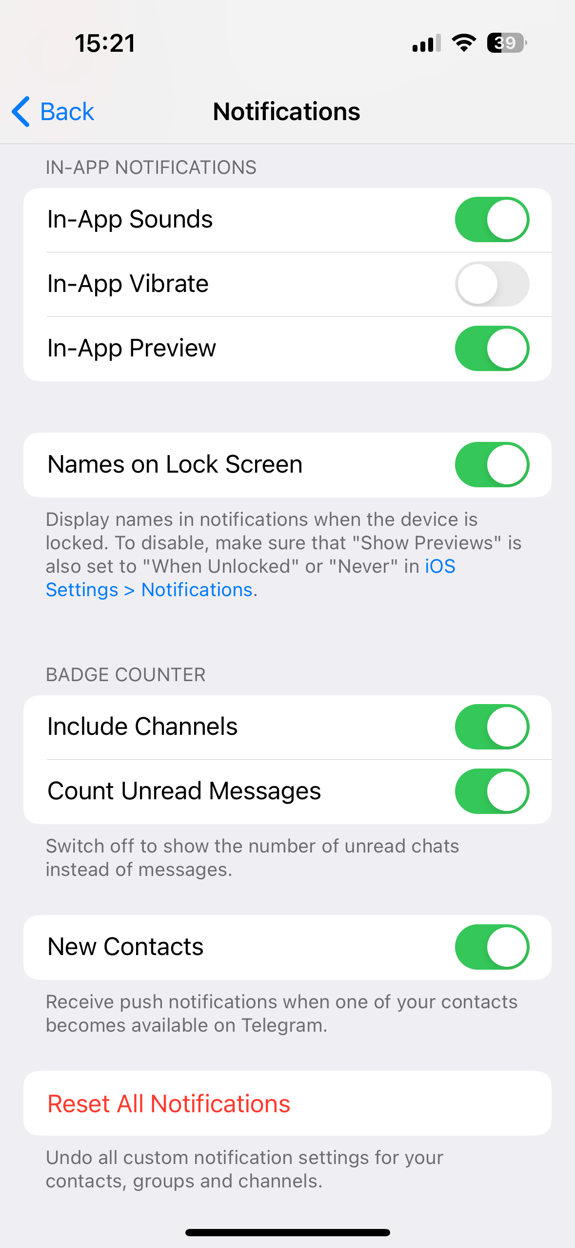 Captura de tela mostrando as configurações de notificações do aplicativo Telegram do iPhone