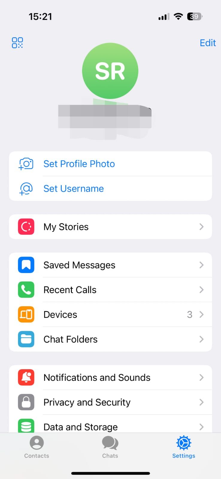 Captura de tela mostrando o menu de configurações no aplicativo iPhone Telegram