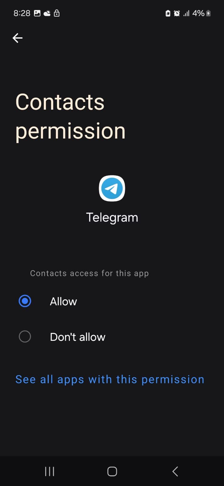 Captura de tela mostrando permissão de contato do Telegram