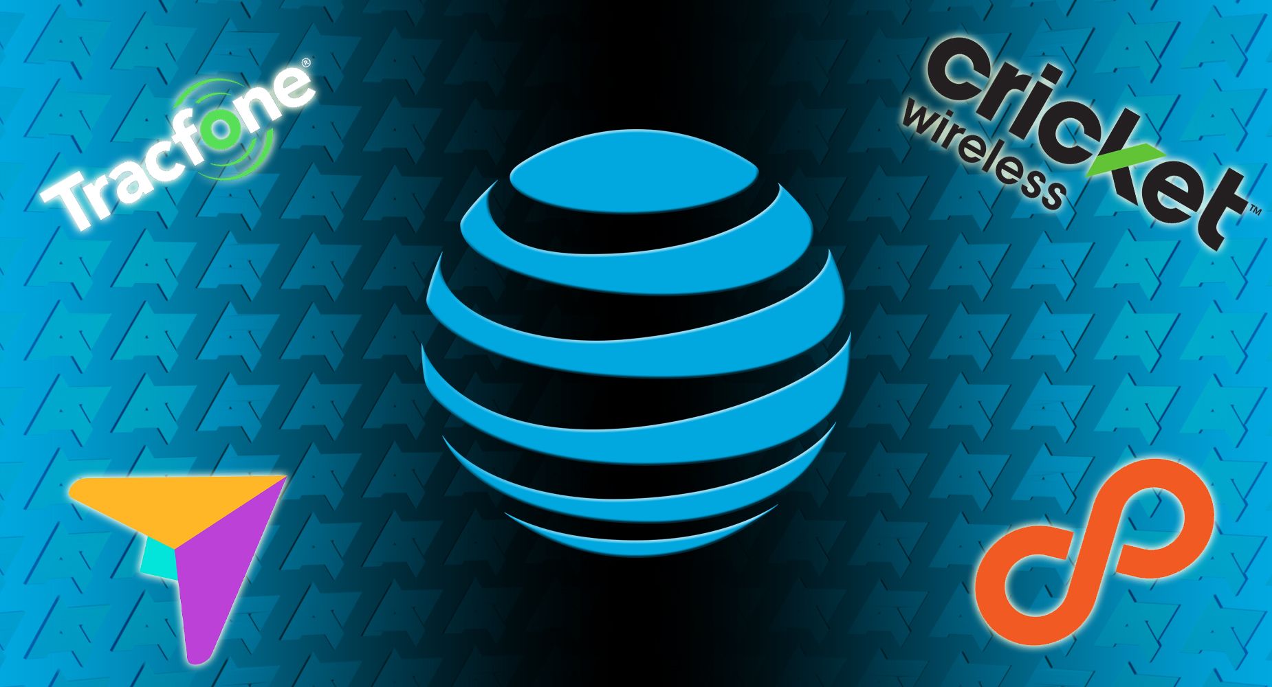 Logotipo da AT&T cercado pelas marcas TracFone e Cricket e logotipos Boost Infinite e Good2Go, sobre um campo de logotipos da AP