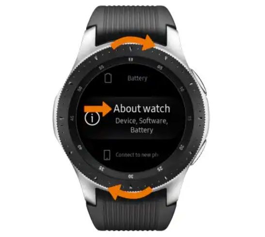 Uma foto do Samsung Galaxy Watch com a moldura girada para a opção Sobre o relógio