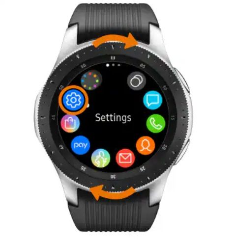 Uma foto mostrando o Samsung Galaxy Watch com a moldura girada para Configurações