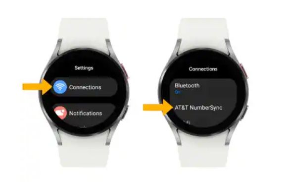 Um par de fotos mostrando como selecionar o NumberSync da AT&T em um Galaxy Watch
