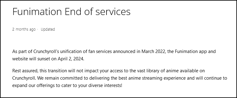 Captura de tela da Funimation do texto de fim do serviço