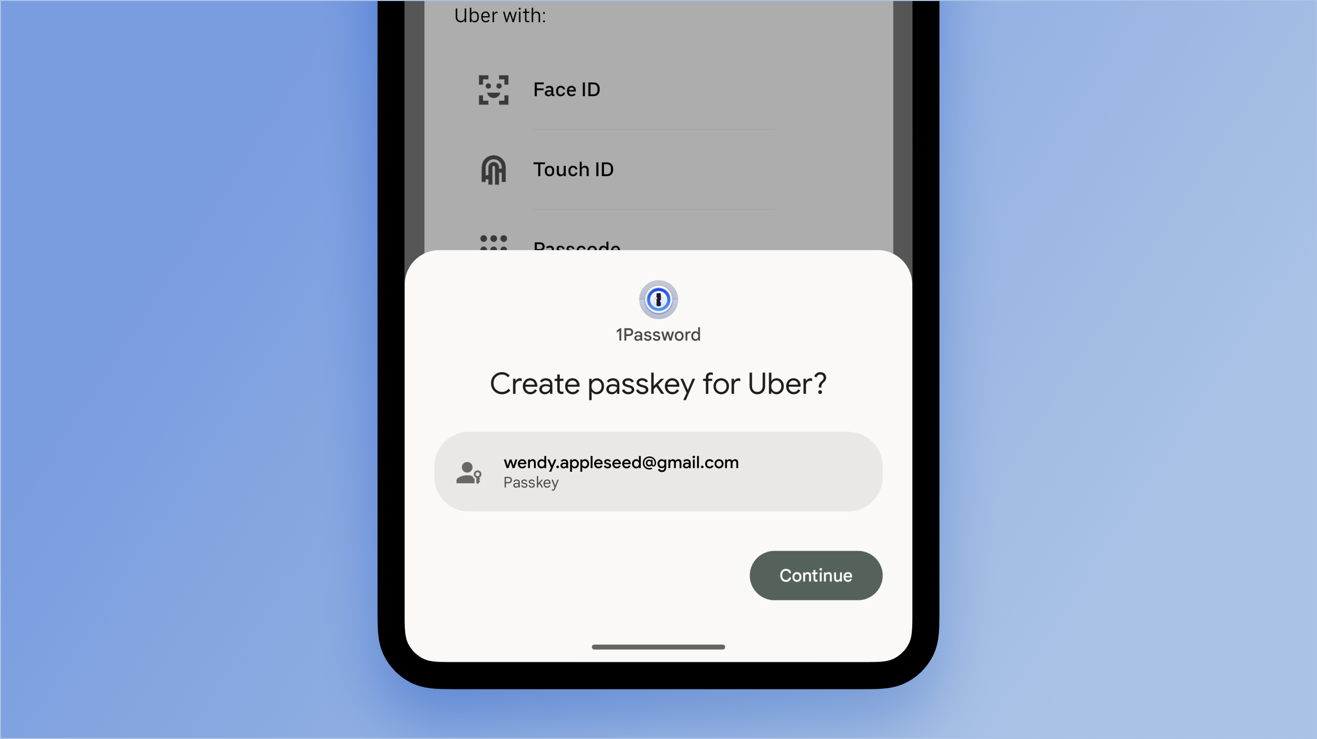 Captura de tela da configuração da senha 1Password no aplicativo Uber