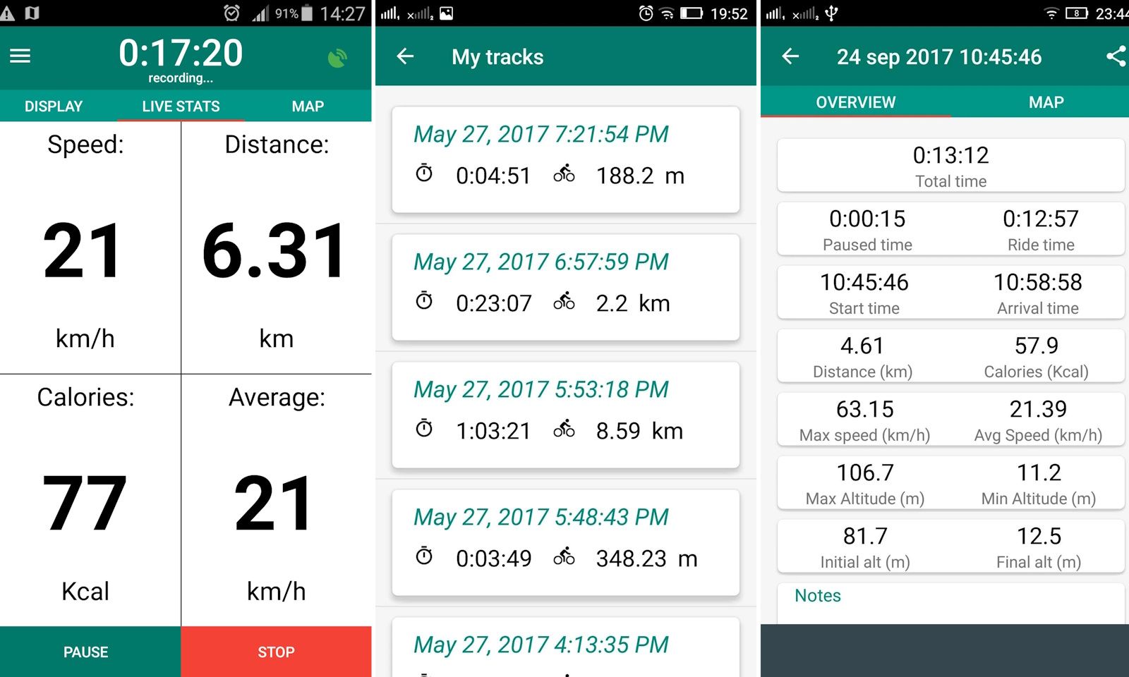 três imagens de aplicativos de computador para bicicleta lado a lado mostrando calorias queimadas, estatísticas de velocidade máxima e média e distância por data e hora registradas