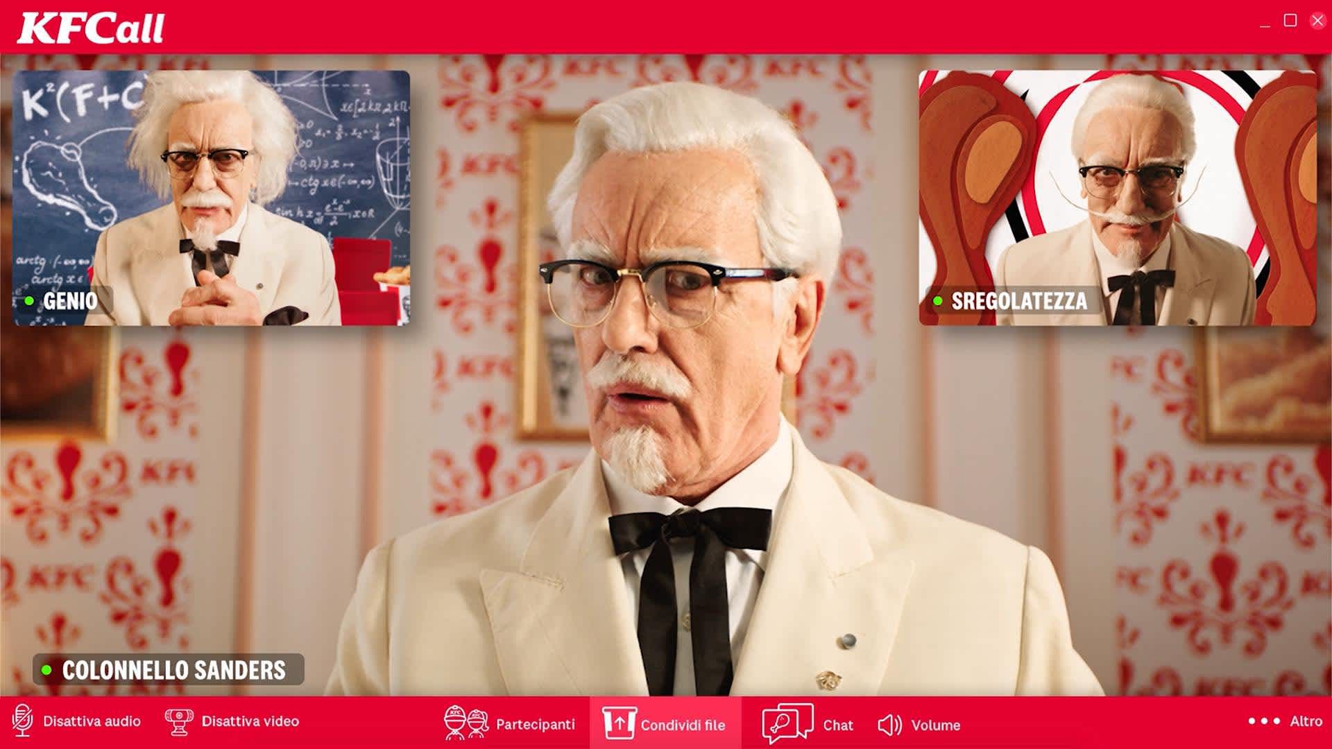 Um quadro de um anúncio do KFC da década de 2020 apresentando o Coronel Sanders e dois alter-egos