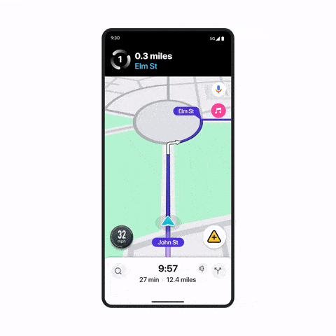 Gravação de tela demonstrando o novo recurso de orientação de faixa do Waze para rotatórias