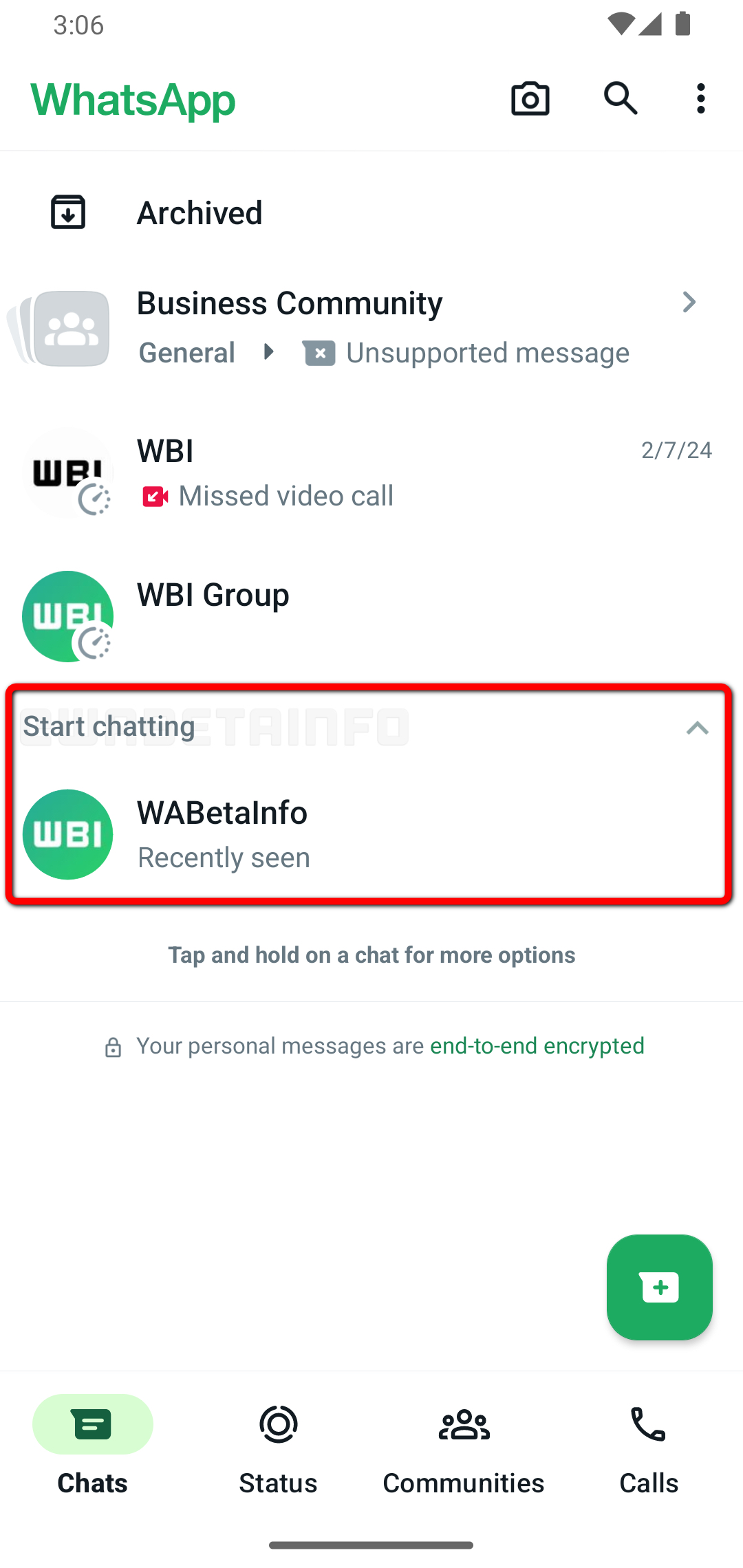 Uma captura de tela do recurso de sugestão de contato do WhatsApp em desenvolvimento